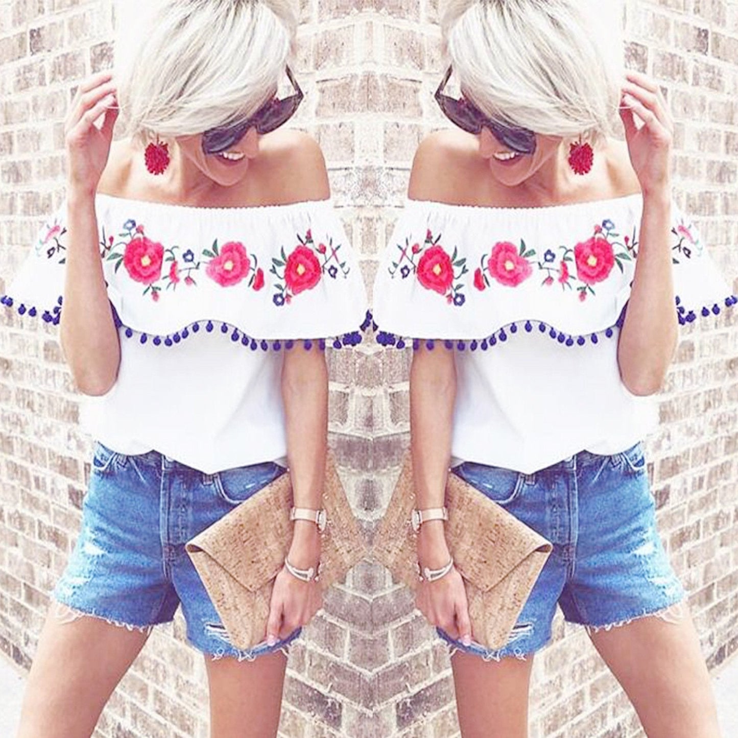 Pompom Off The Shoulder Ruffles Short Sleeve Loose Blouse Tops