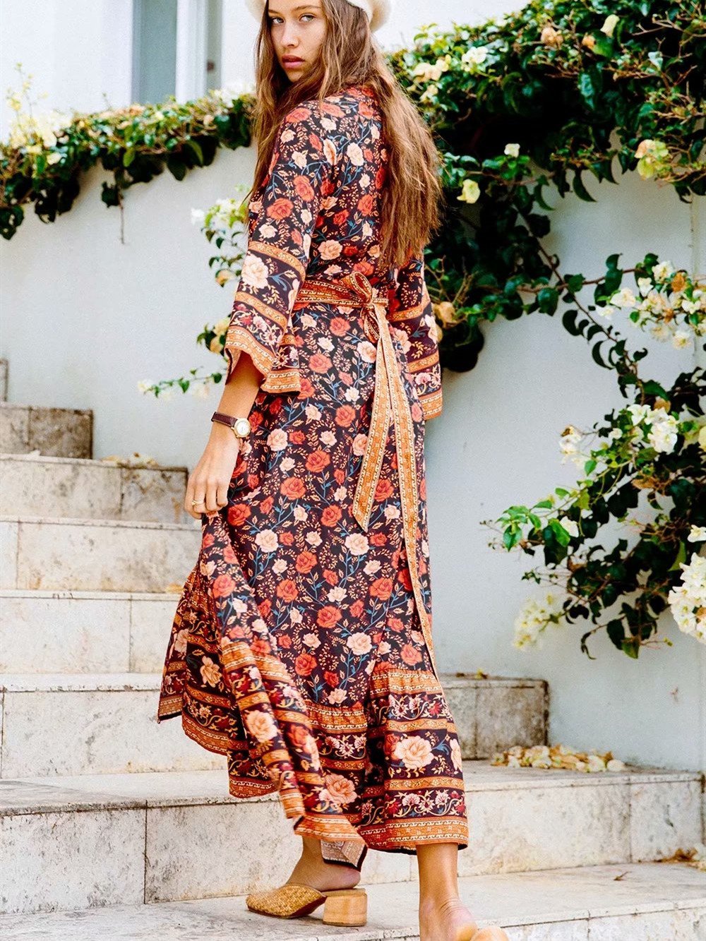 Print Boho Maxi V-Neck with Tie Hippie Chic Women Casual Long Sleeve Autumn Dress