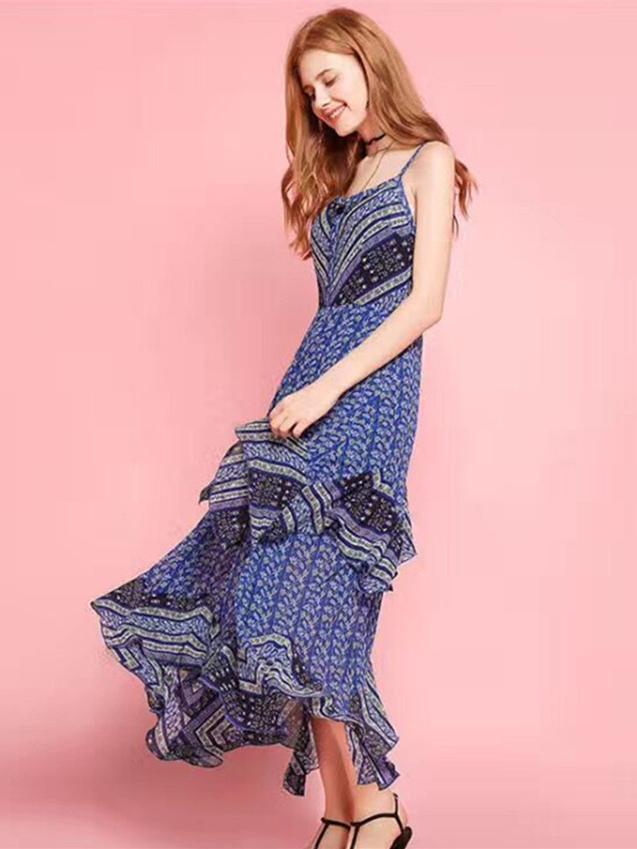 Asymmetric Chiffon Falaba Spaghetti-neck Maxi Dress
