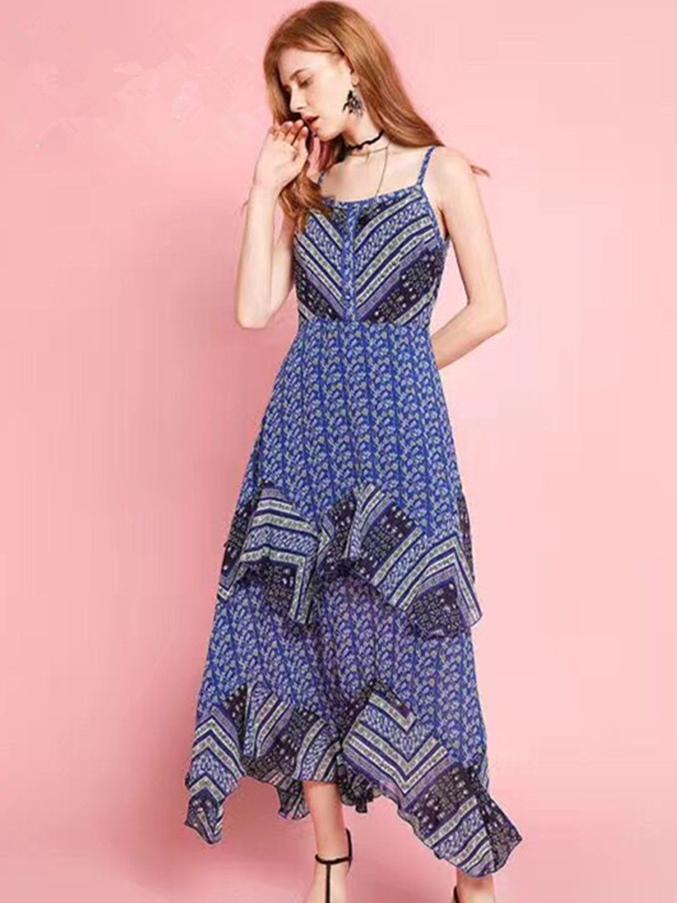 Asymmetric Chiffon Falaba Spaghetti-neck Maxi Dress