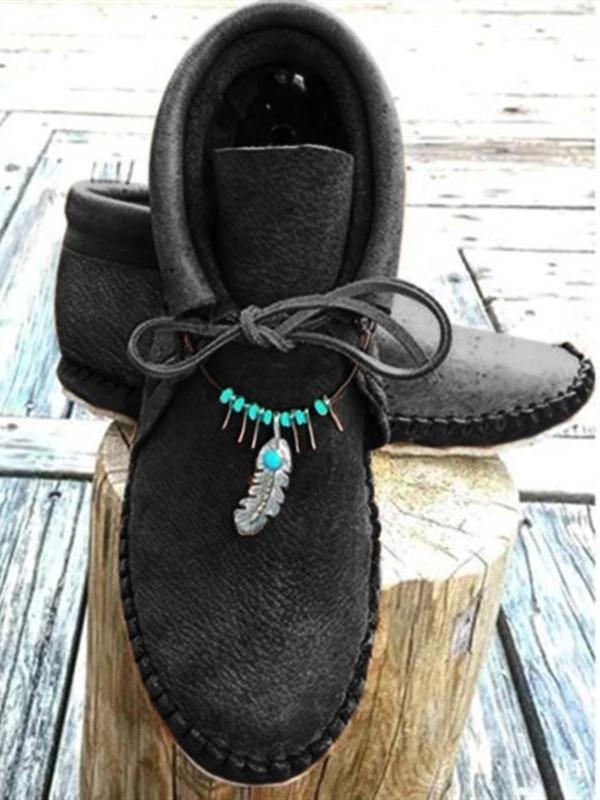Women Autumn Ankle Flat Lace Up Sewing String Bead Soft Leather Casual Shoes