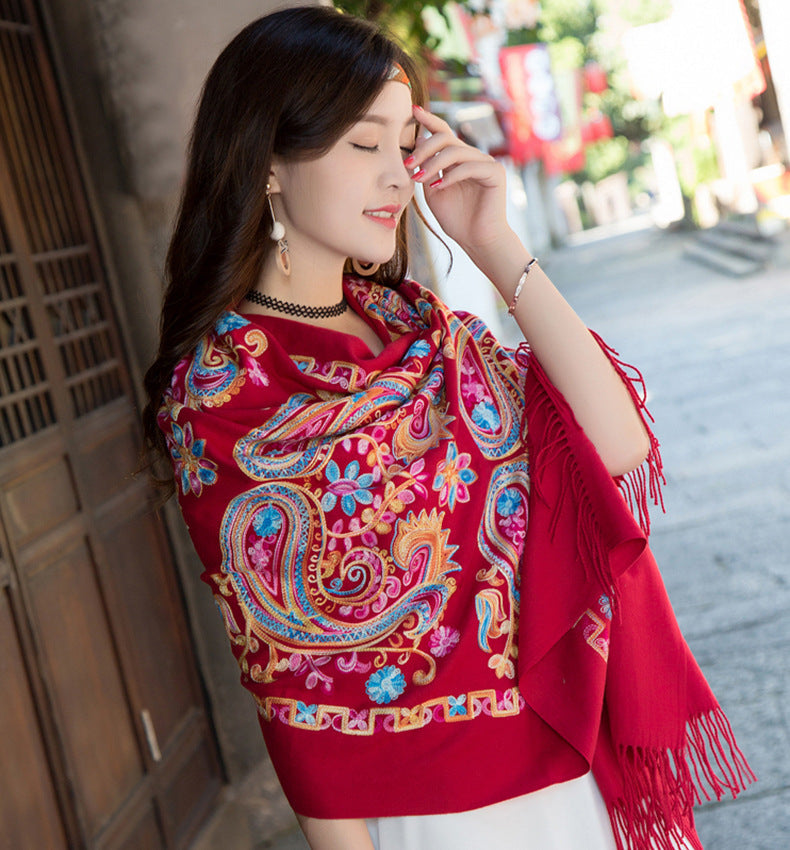 Tibetan and Nepal embroidered flower imitation cashmere scarf for women outside with sunscreen air-conditioning shawl