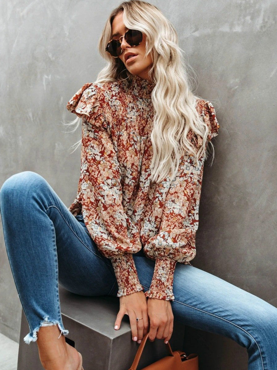 New Pleated High-necked Small Floral Print Blouses