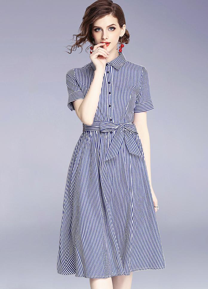Stripe Lapel Neck Short Sleeve Belt Dress