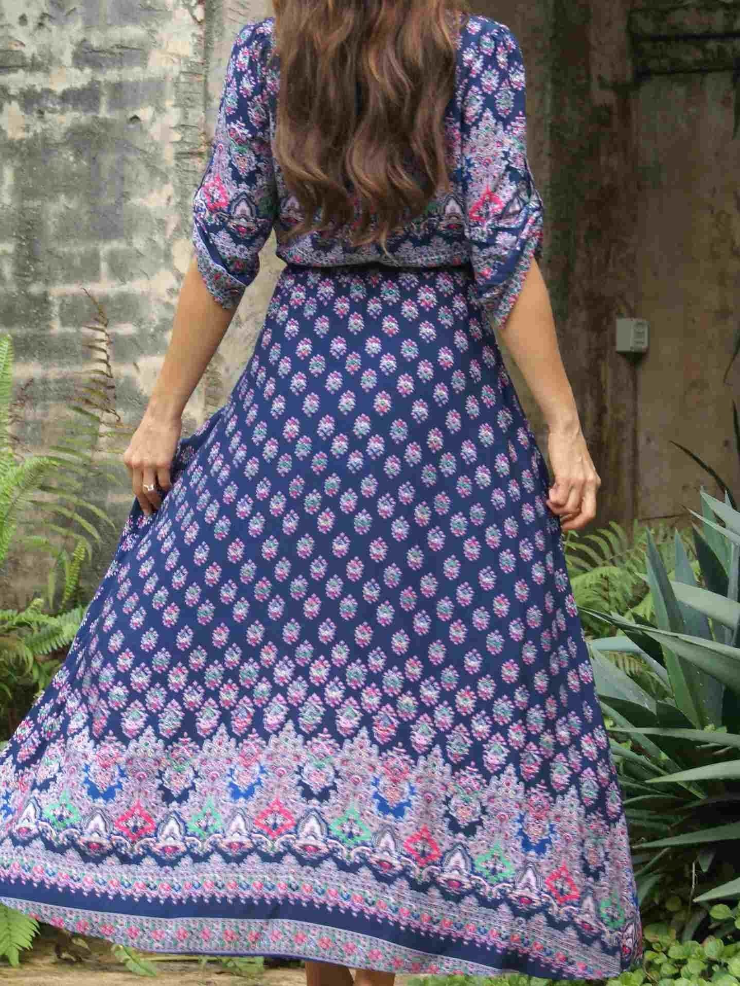 Pretty Bohemia Floral V Neck Half Sleeve Front Split Maxi Dress