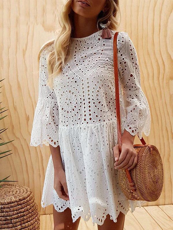Summer Lace Splice Solid Color Mini Dress