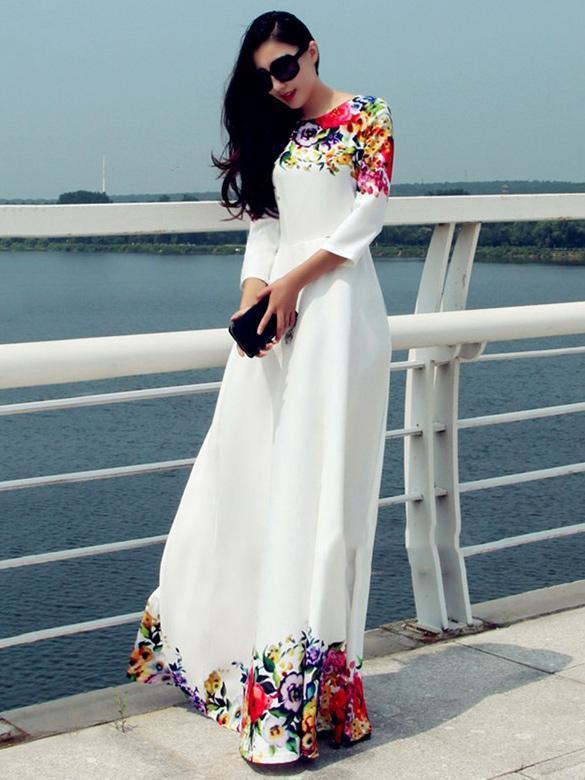 Elegant Print Round Neck Evening Maxi Long Dress