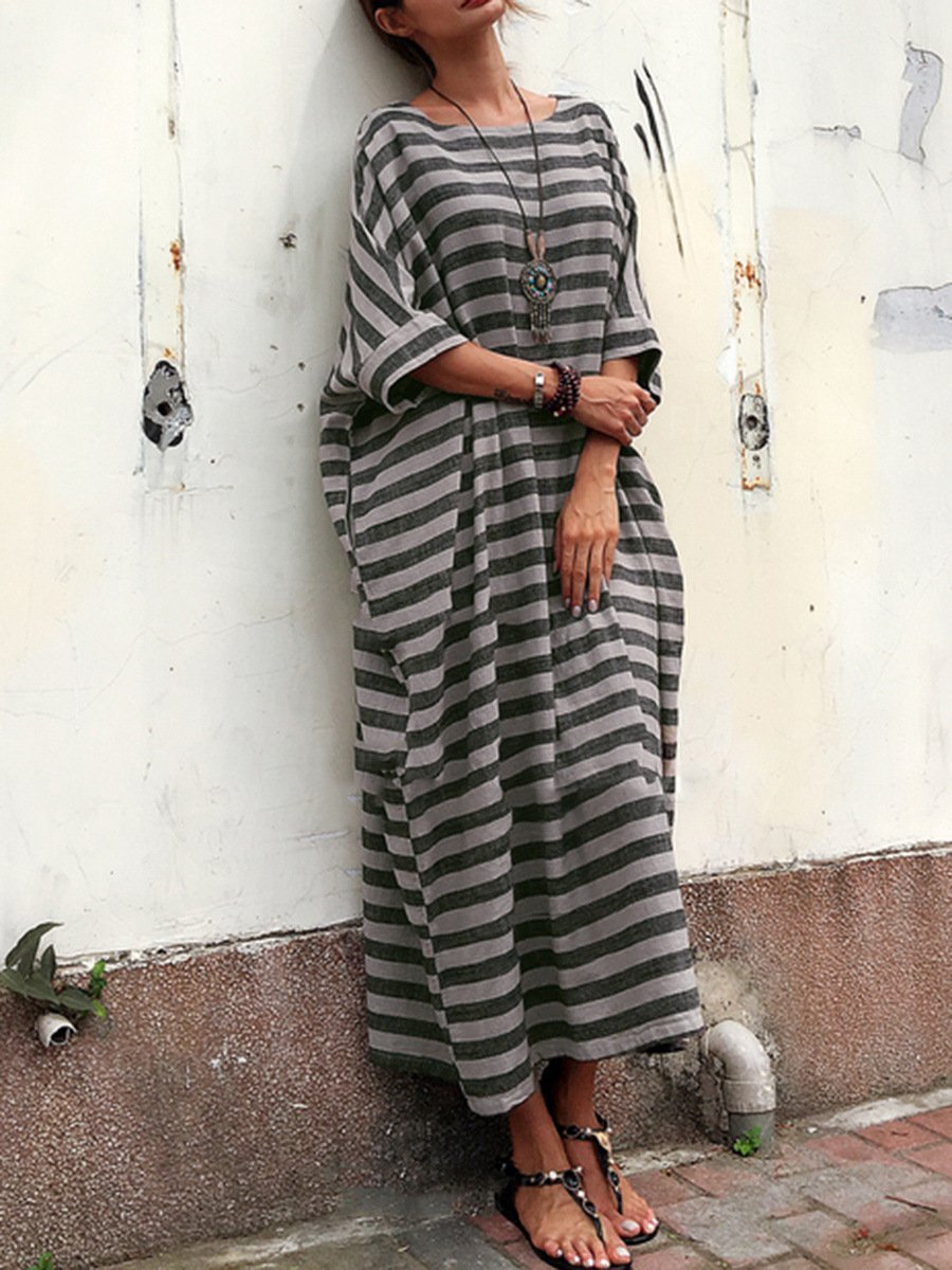 Casual Oversized Striped Round Neck Pocket Long Dress