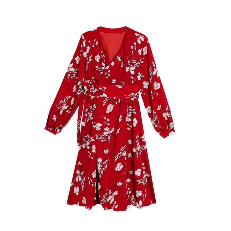 2018 New Chiffon Floral Print V Neck Long Sleeve Beach Bohemia Dress