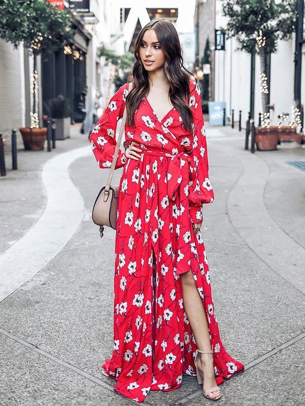 Floral Print V Neck Long Sleeve Belted Boho Maxi Long Dress