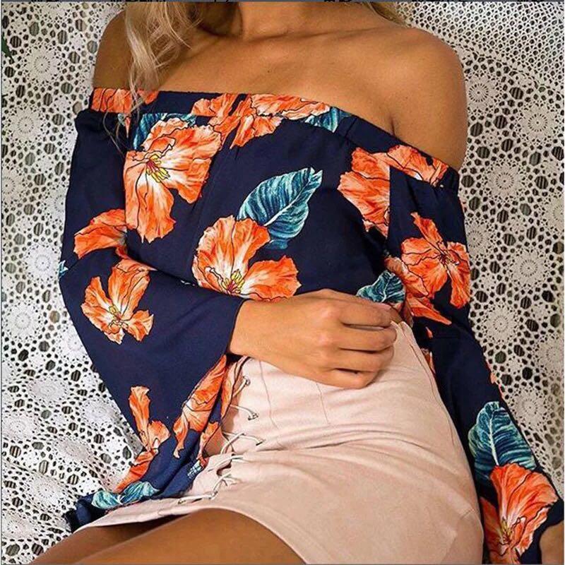 Floral Print Off Shoulder Long Sleeve Tops Blouse