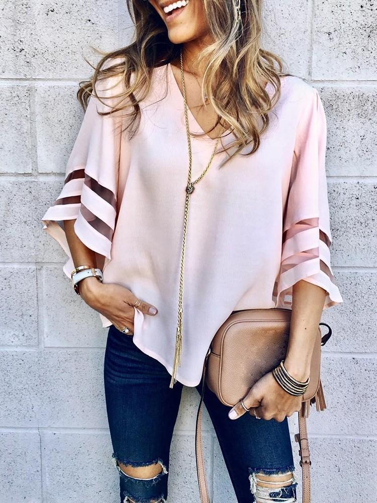 Solid Color V Neck Splice Loose T Shirt Tops