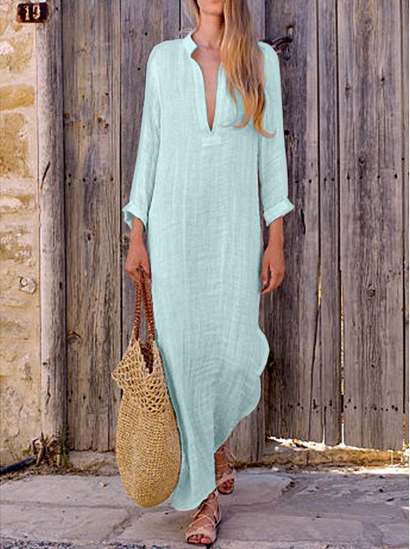 Solid Color V Neck Long Sleeve Casual Maxi Dress