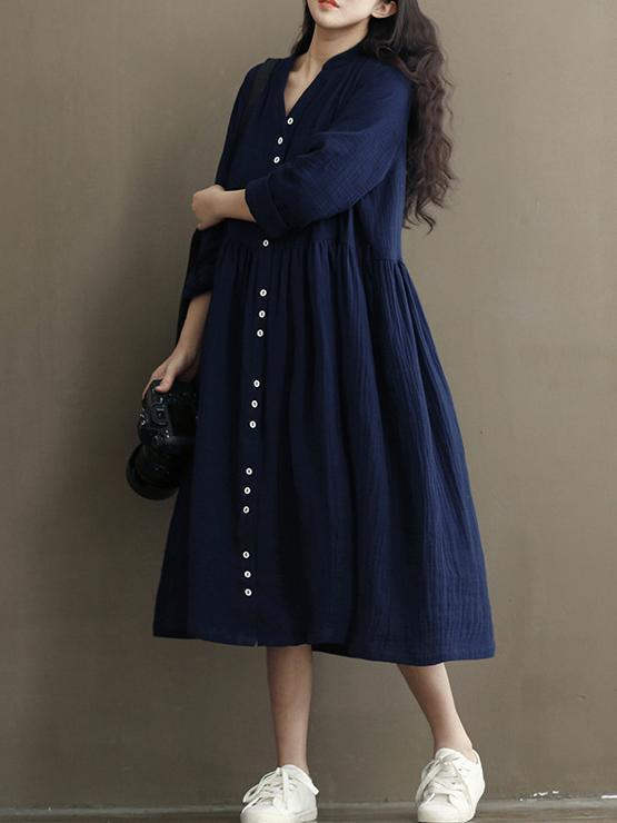 Vintage Button Linen Cotton Long Sleeve Midi Dress