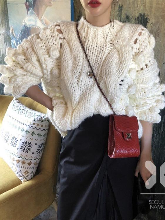 Women's Sweaters Hollow Out Loose Knitted Lantern Sleeve O-Neck Solid Female Autumn Warm Ladies Pullovers
