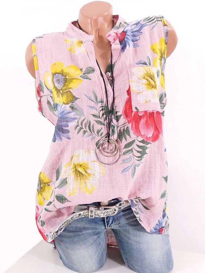 Standing Collar Slub Hemp Printed Sleeveless T-shirt - emogogo