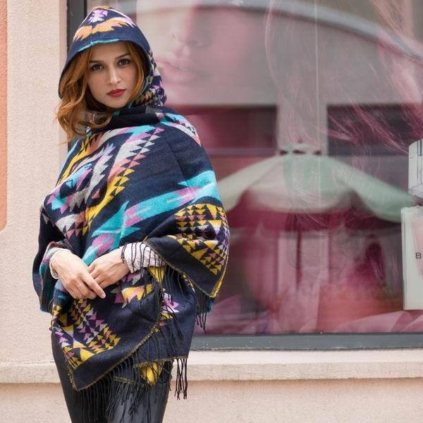 Autumn And Winter Vintage Bohemian National Style Imitation Wool Thickening Warm Hooded Cloak Shawl