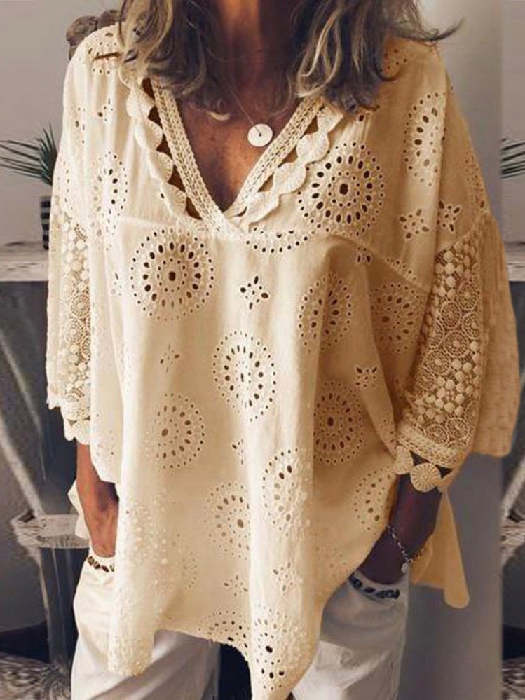 Summer Hot Women Half Sleeve Cotton Hollow-Out Lace Patchwork Shirt - emogogo