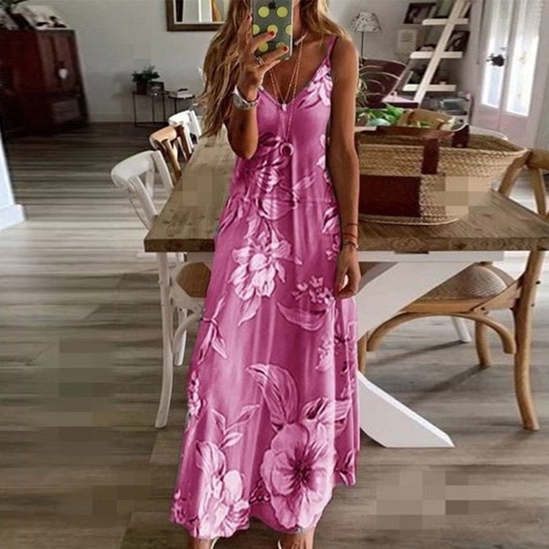 Summer Women Sexy V Neck Spaghetti Strap Beach Maxi Dress