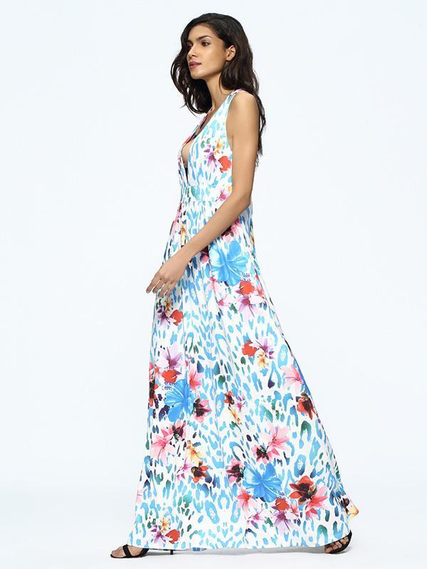 Floral Print Sleeveless Deep V Neck Bohemia Maxi Dress