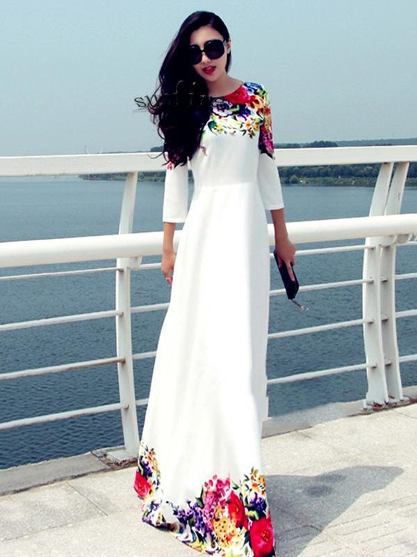 Elegant Print Round Neck Evening Maxi Long Dress