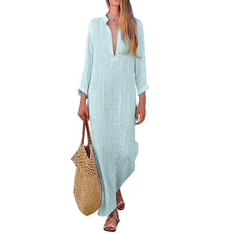 Solid Color V Neck Long Sleeve Casual Maxi Dress