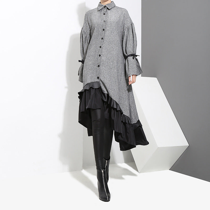 Dress temperament women's long sleeve ruffled shirt dress.