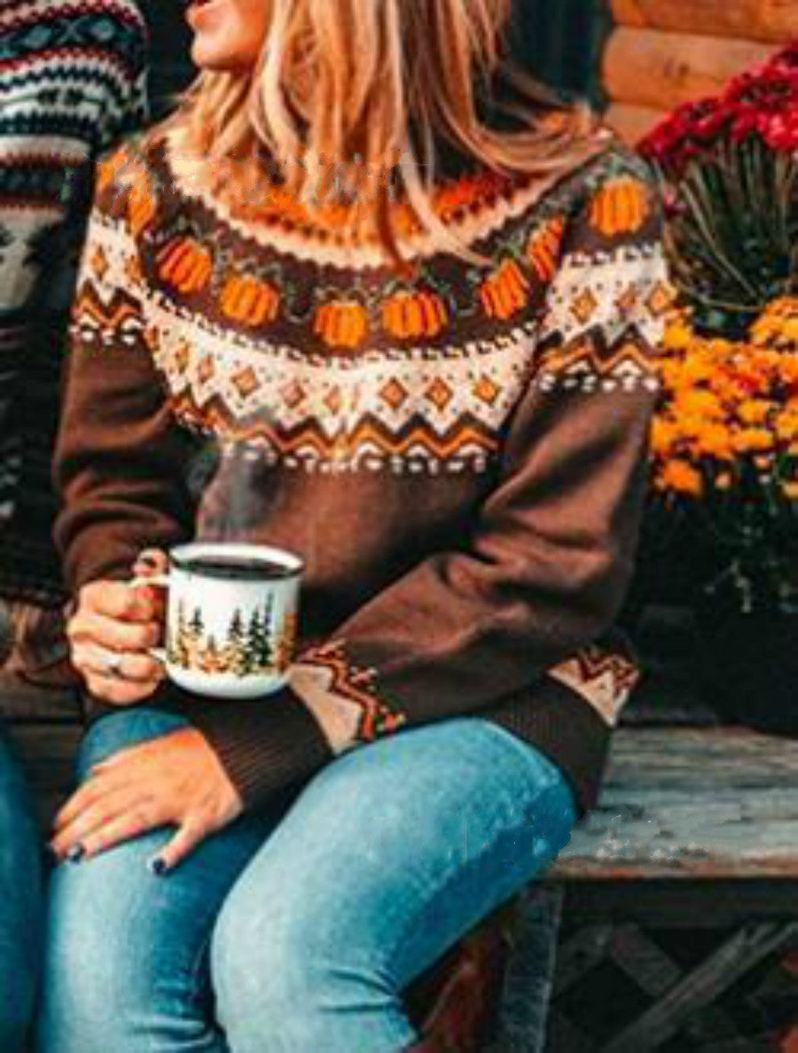 Printed Tight Knit Holiday Pullover Brown Crew Neck Knitted Sweater