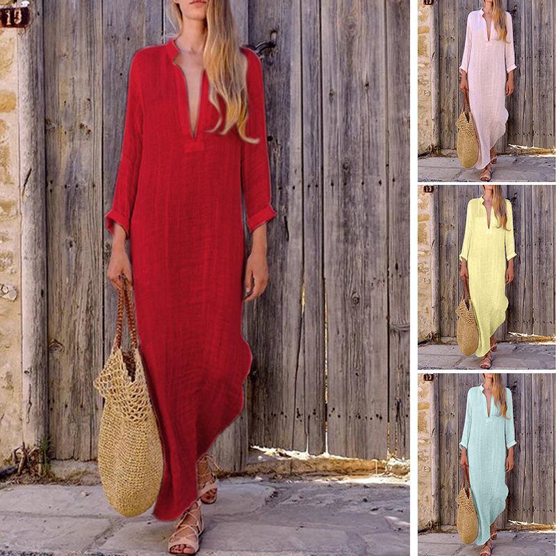 Solid Color V Neck Long Sleeve Casual Maxi Dress