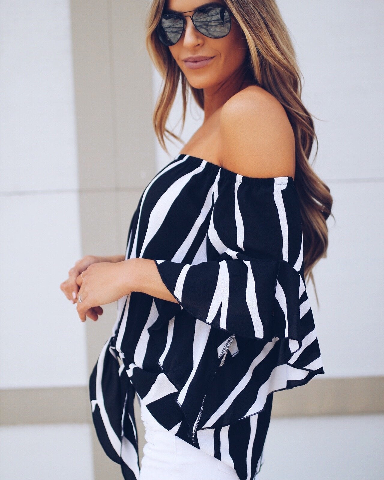 Stripe Off Shoulder Trumpet Sleeve Tops Shirt Blouses