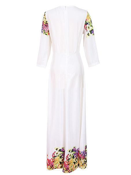 Elegant Print Round Neck Evening Maxi Long Dress