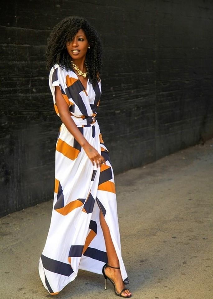 Three color Long print waist dress irregular dress