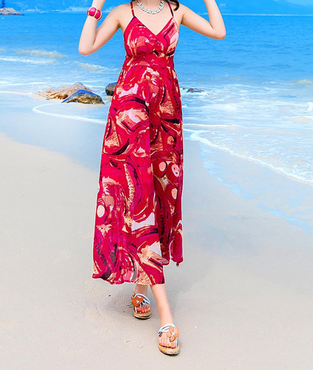 Sexy Printed Spaghetti Strap Back Cross Chiffon Beach Maxi Long Dress