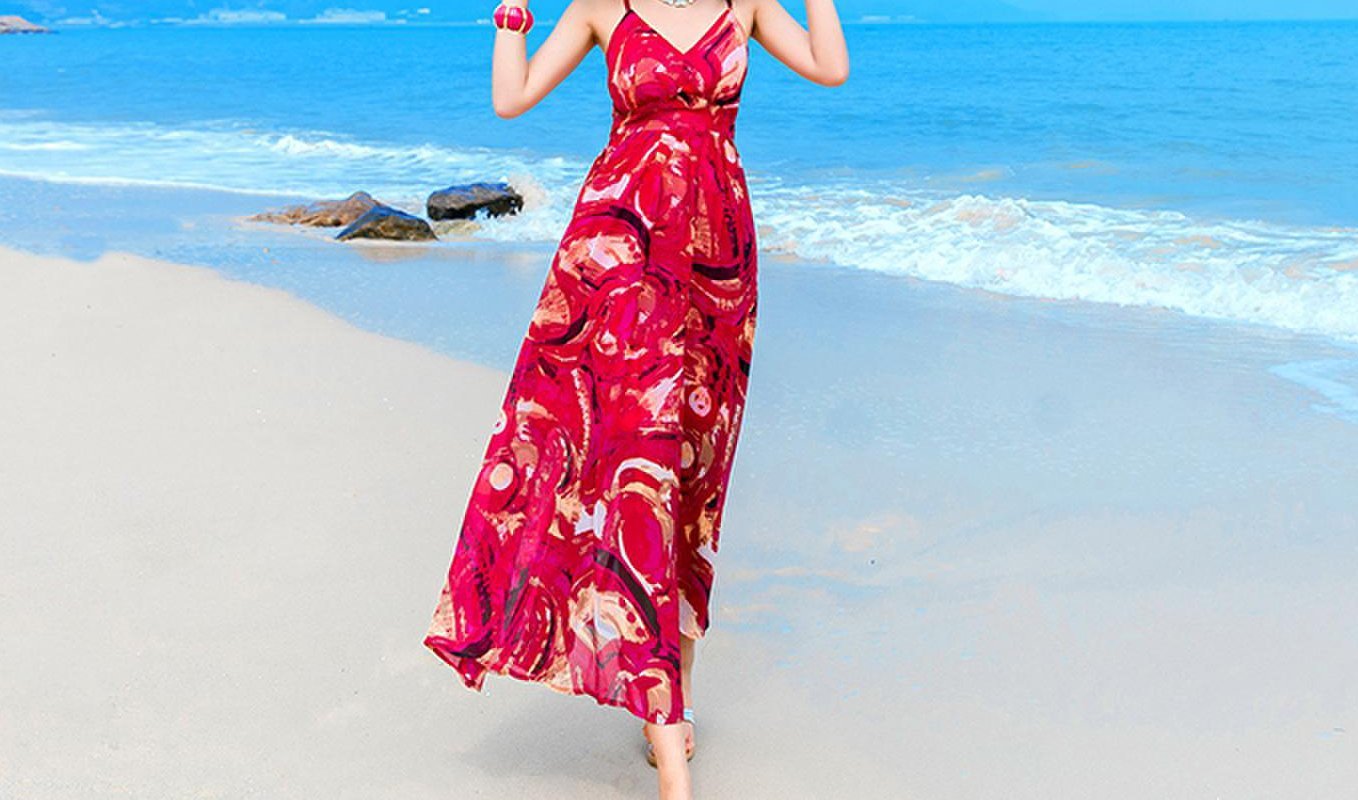 Sexy Printed Spaghetti Strap Back Cross Chiffon Beach Maxi Long Dress