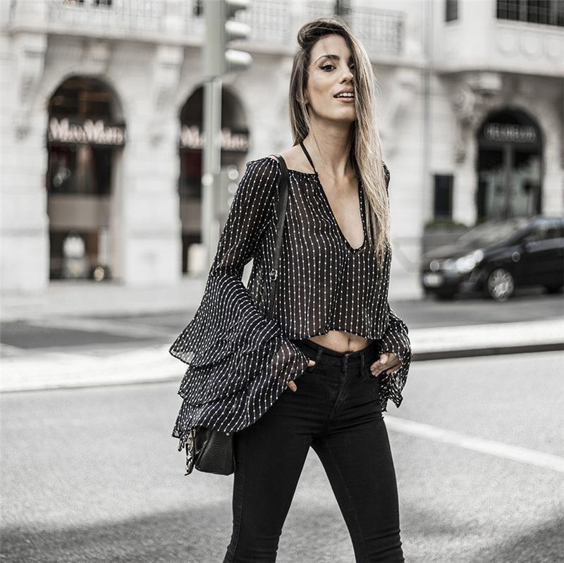 New V Neck Long Trumpet Sleeve T Shirt Tops Blouse