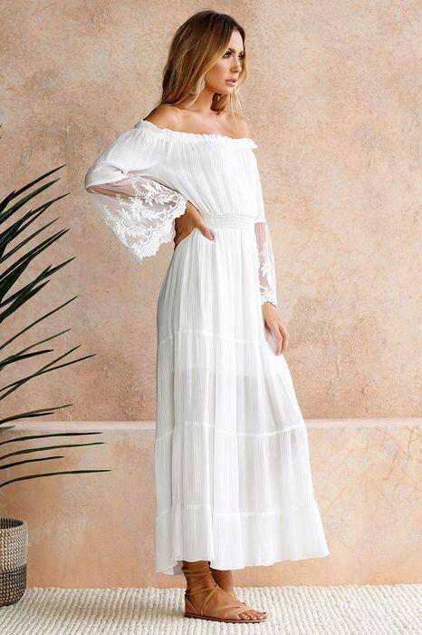 White Off Shoulder Long Sleeve Beach Maxi Dress