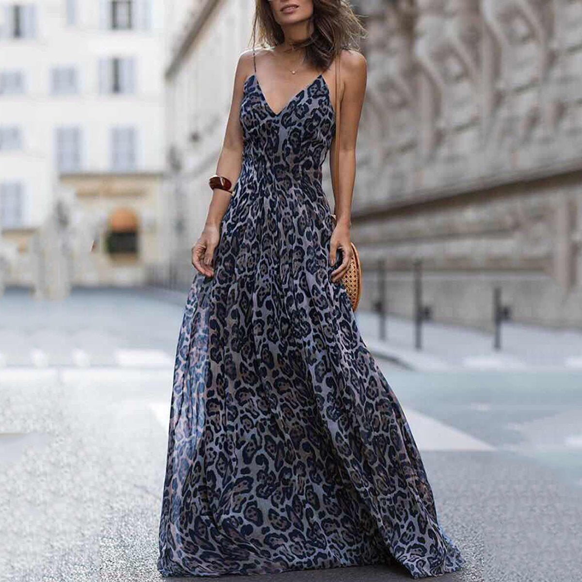 Sexy Leopard Print Spaghetti Strap Maxi Long Dress