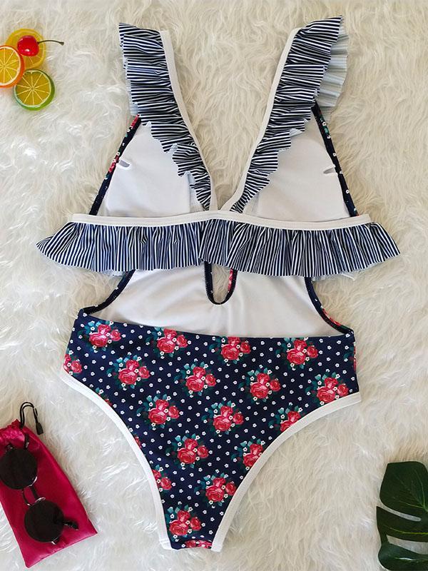 V-neck Bandage Sexy Floral One Piece Swimwear