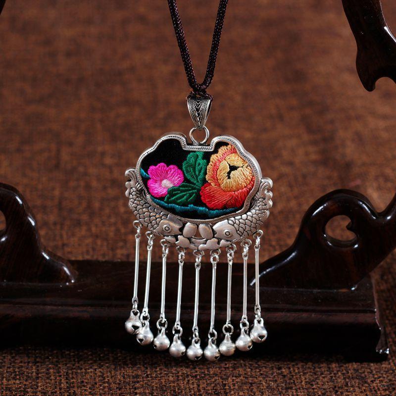 Embroidery Necklace Sweater Chain Retro Pendant