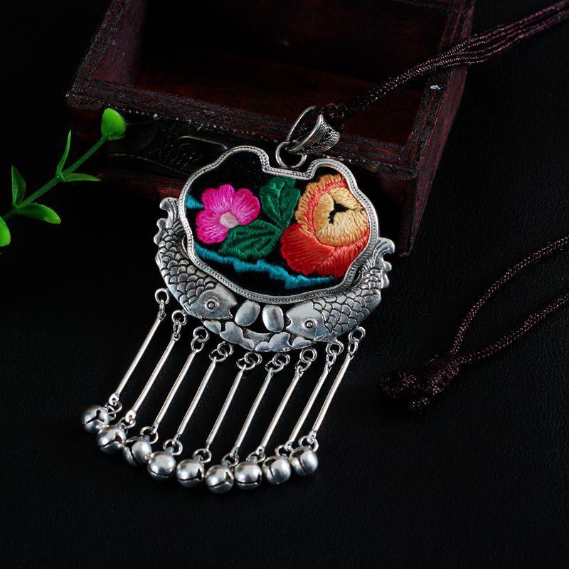 Embroidery Necklace Sweater Chain Retro Pendant