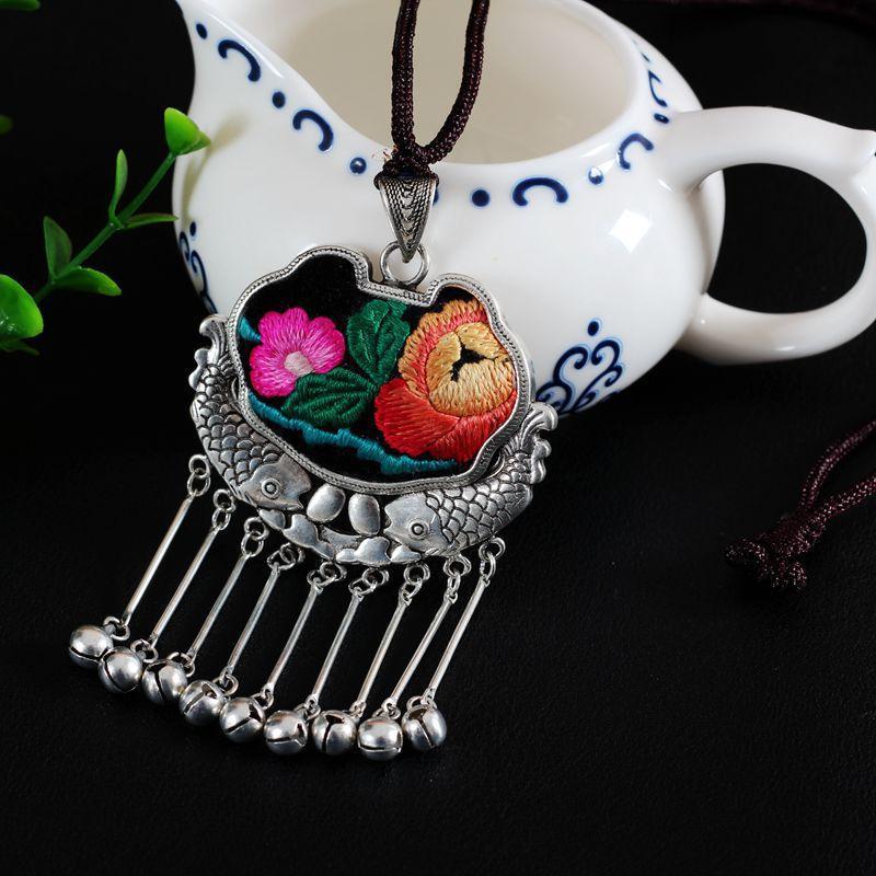 Embroidery Necklace Sweater Chain Retro Pendant