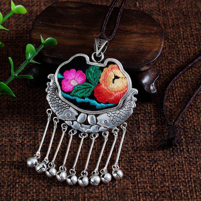 Embroidery Necklace Sweater Chain Retro Pendant
