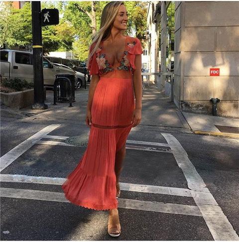 Bohemian High Waist Petal Sleeve Deep V Neck Maxi Dress