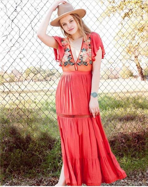 Bohemian High Waist Petal Sleeve Deep V Neck Maxi Dress