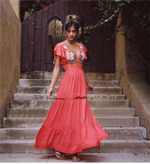 Bohemian High Waist Petal Sleeve Deep V Neck Maxi Dress