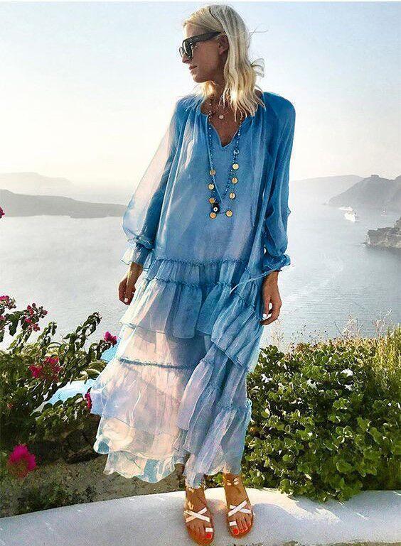 2018 New Long Sleeve Solid Color Splice Maxi Dress
