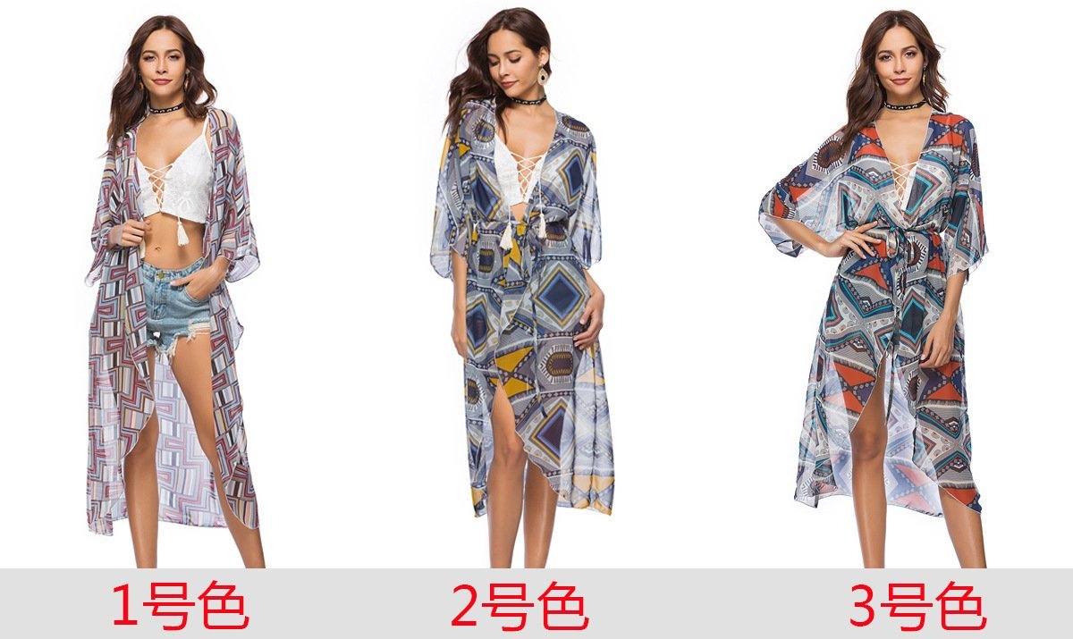2018 new arrival Printed chiffon shirt with a long section of the beach coat