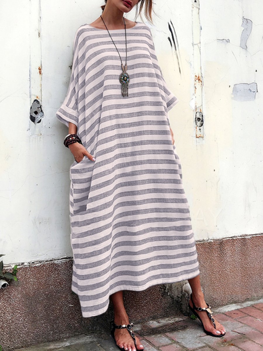 Casual Oversized Striped Round Neck Pocket Long Dress