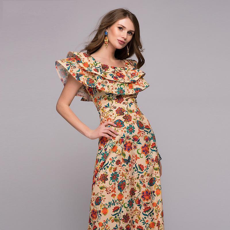 Retro Flower Print Lutos Leaf Long Dress
