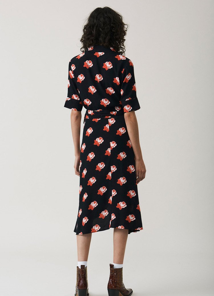 FLORAL HALF-SLEEVE V-NECK LONG DRESS